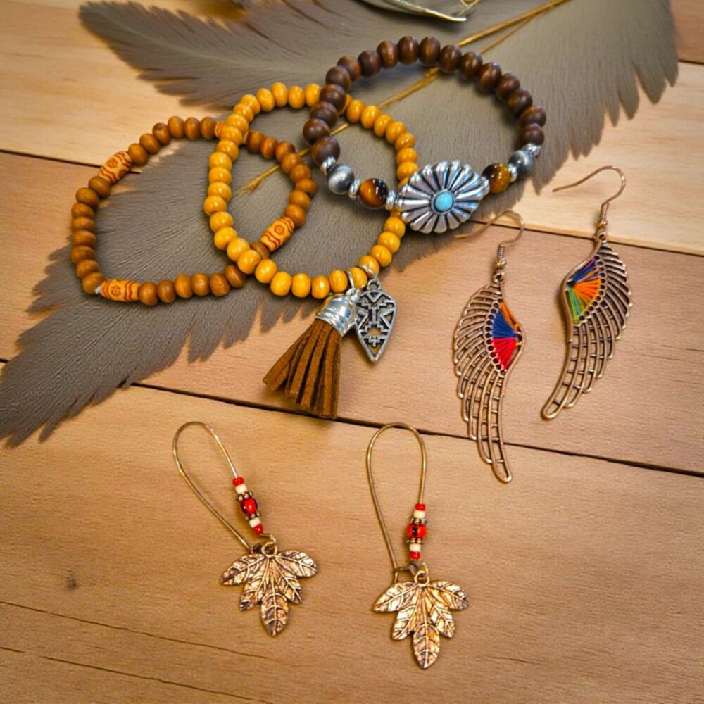 Copper Feather Bracelet And Earring Set